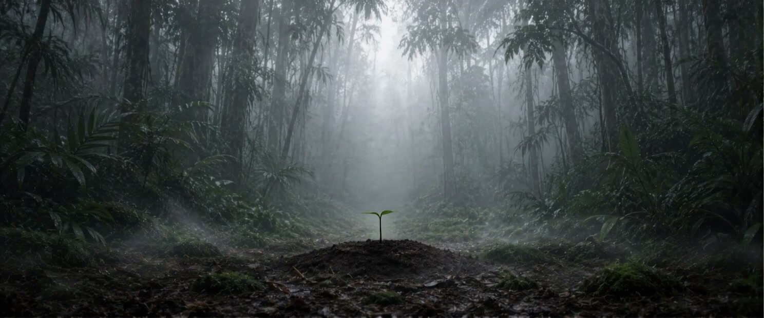 A seedling in a misty forest clearing
